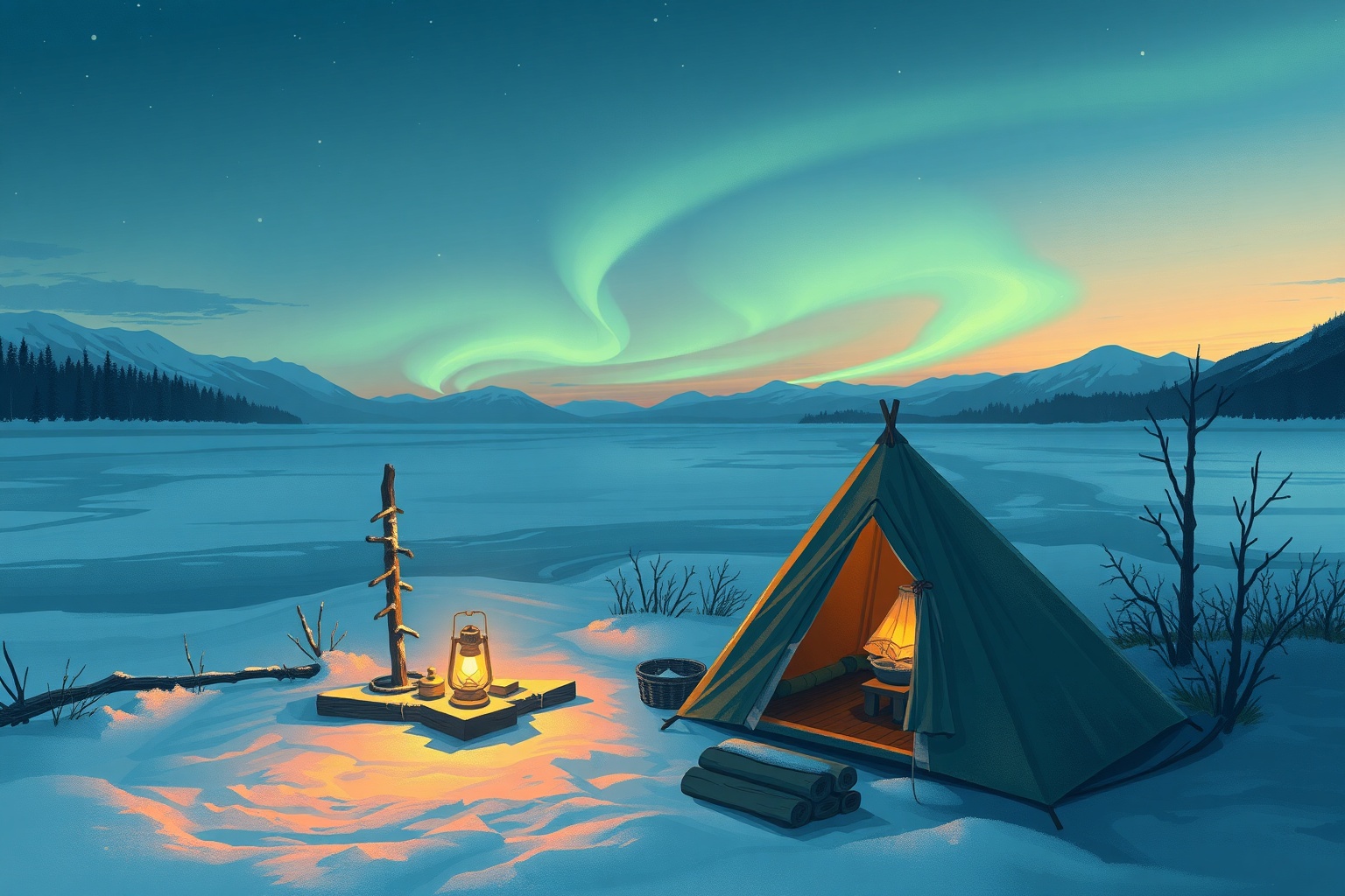 A lantern-lit ice fishing camp beneath the aurora